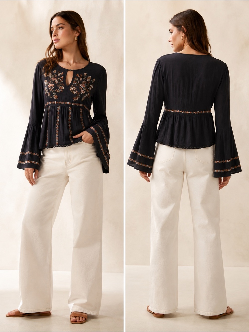 American Eagle Outfitters Embroidered Bell Sleeve Peasant Blouse XS
